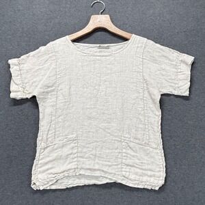 Francesca Bettini Top Womens L Linen Short Sleeve Pocket Beige Relaxed Boxy